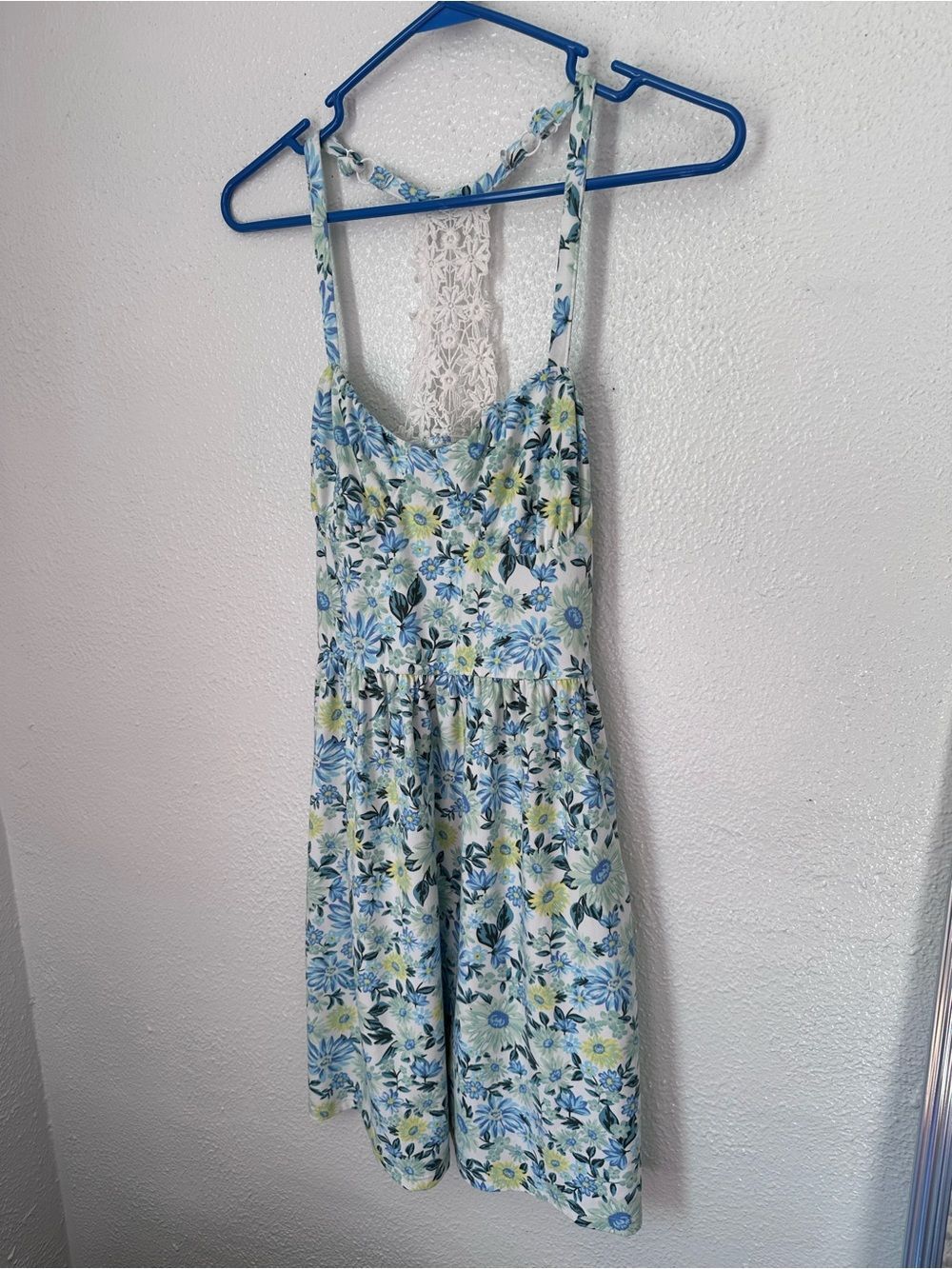 Sweetheart Blue Green Spring Summer Floral Mini Lace Back Garden Dress Small 3 5
